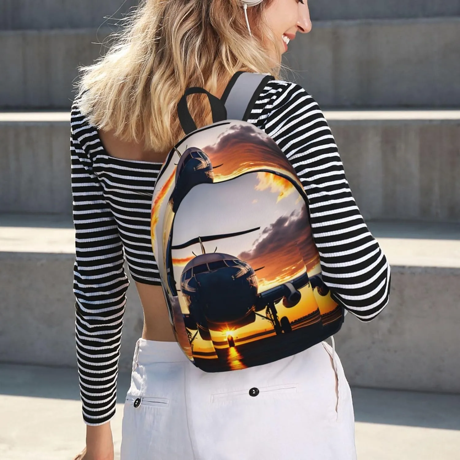 Aircraft Plane At Sunset Print Laptop Backpack For Women Travel Canvas Bookbag For Men Outdoor Fashion Casual Daypack, Medium, SB-122