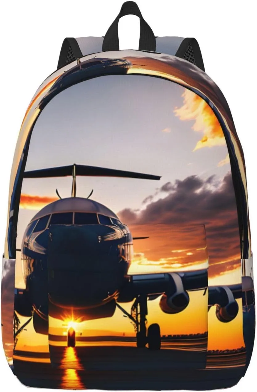 Aircraft Plane At Sunset Print Laptop Backpack For Women Travel Canvas Bookbag For Men Outdoor Fashion Casual Daypack, Medium, SB-122