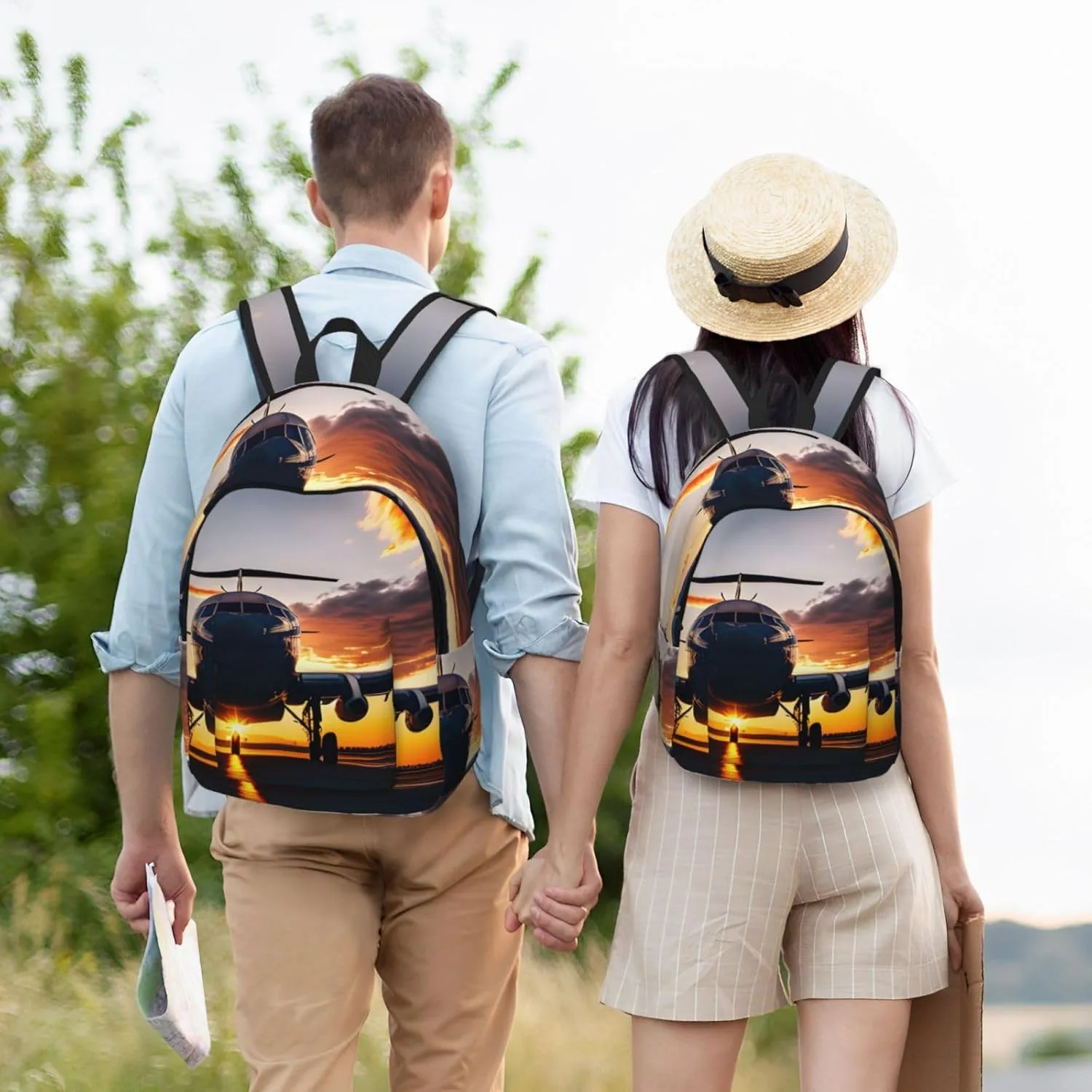 Aircraft Plane At Sunset Print Laptop Backpack For Women Travel Canvas Bookbag For Men Outdoor Fashion Casual Daypack, Medium, SB-122
