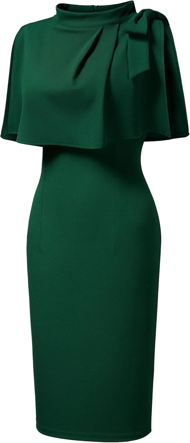 AISIZE Women's Vintage 1940s Half Collar Batwing Cape Party Pencil Dress