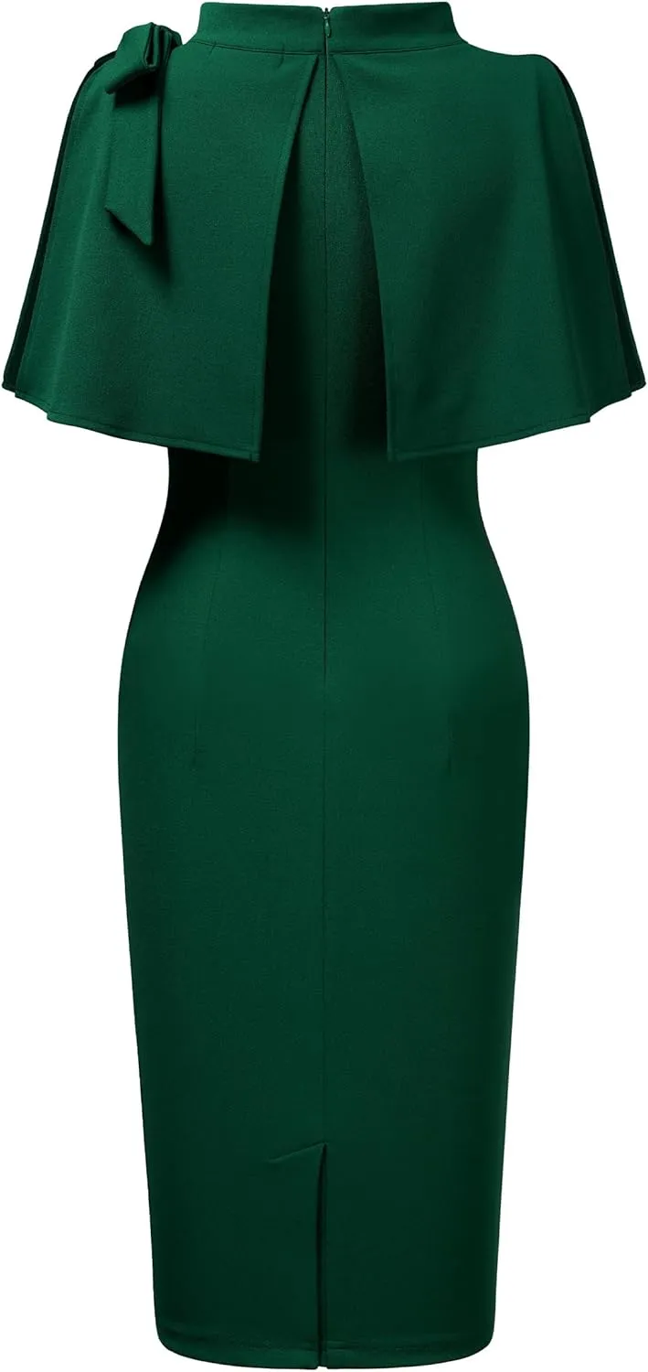 AISIZE Women's Vintage 1940s Half Collar Batwing Cape Party Pencil Dress