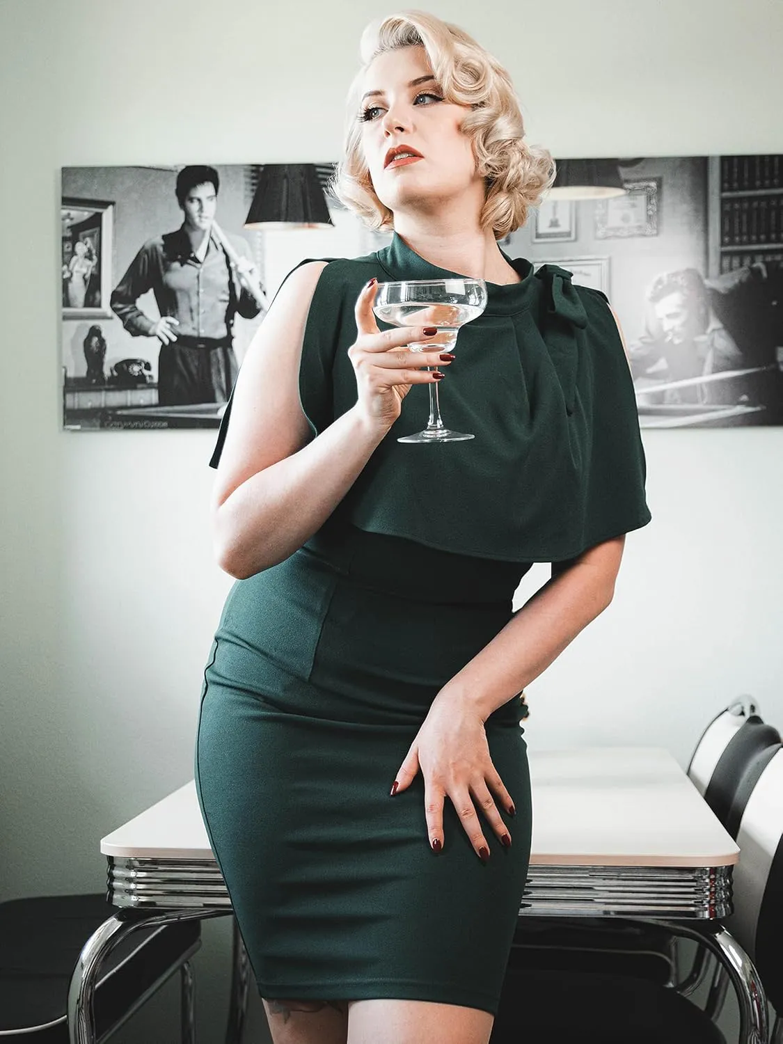 AISIZE Women's Vintage 1940s Half Collar Batwing Cape Party Pencil Dress