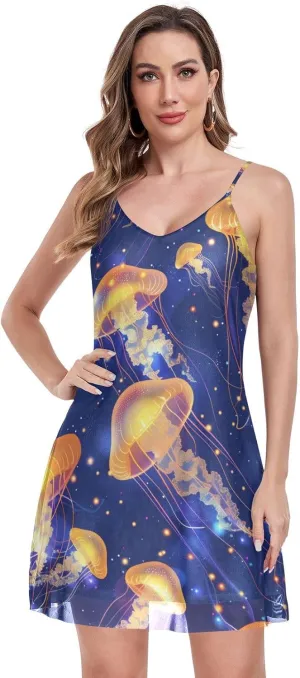 ALAZA Colorful Jellyfish Watercolor Mesh Halter Dress