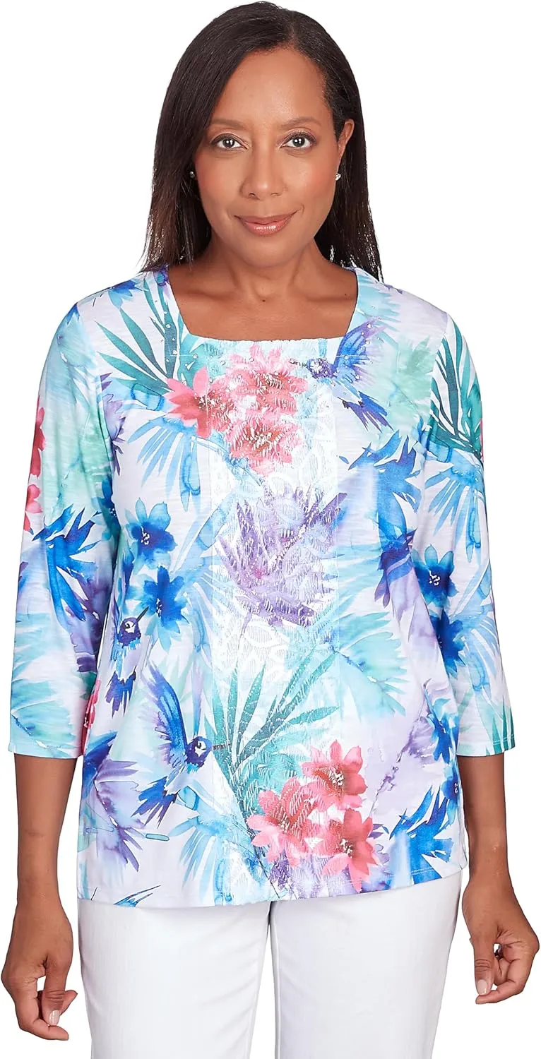 Alfred Dunner Women's Classics Brights Tropical Birds Lace Paneled Top