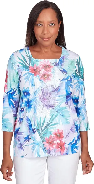 Alfred Dunner Women's Classics Brights Tropical Birds Lace Paneled Top