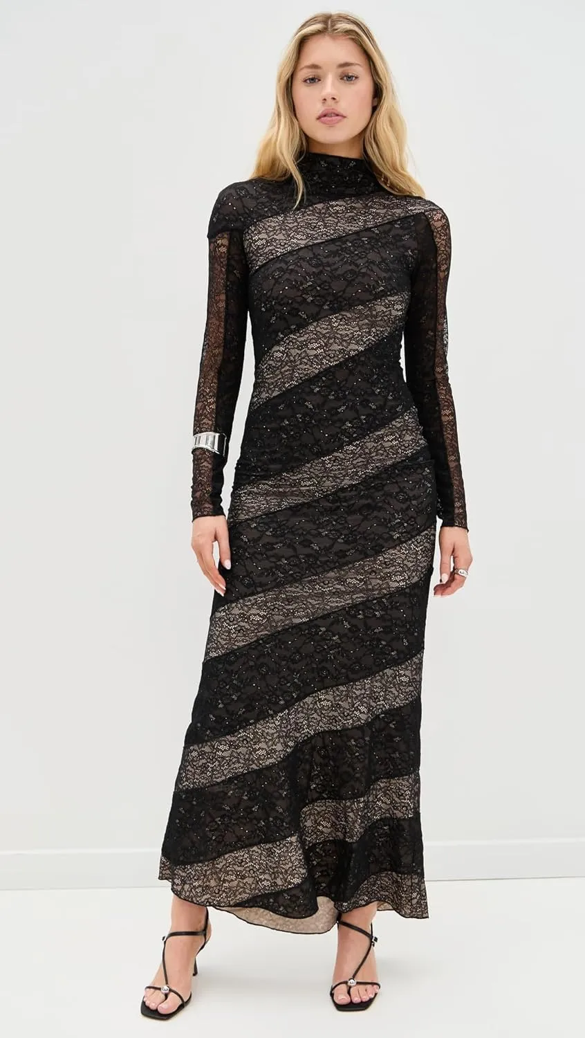alice   olivia Women's Delora Lace Paneled Mock Neck Dress