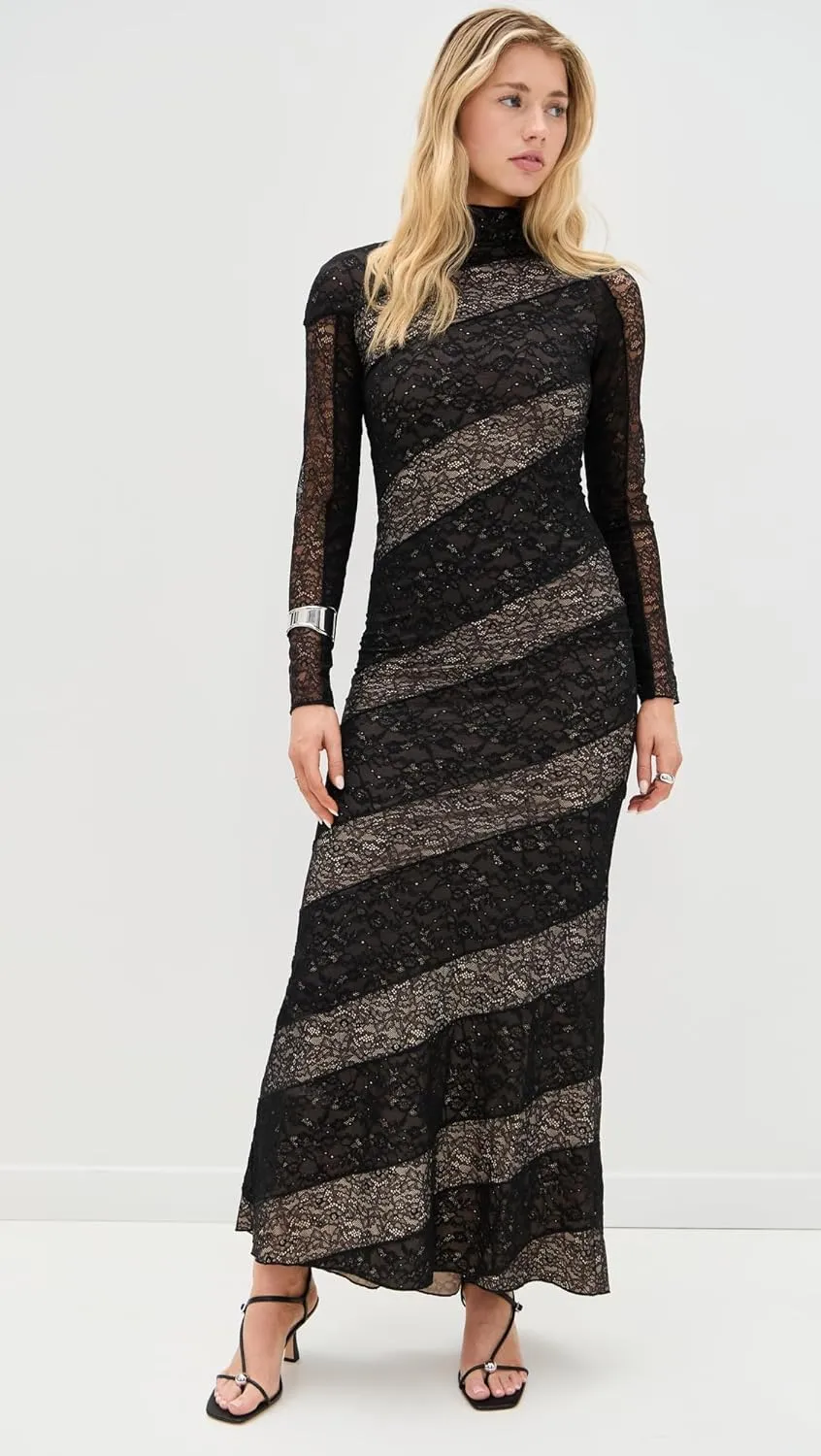 alice   olivia Women's Delora Lace Paneled Mock Neck Dress