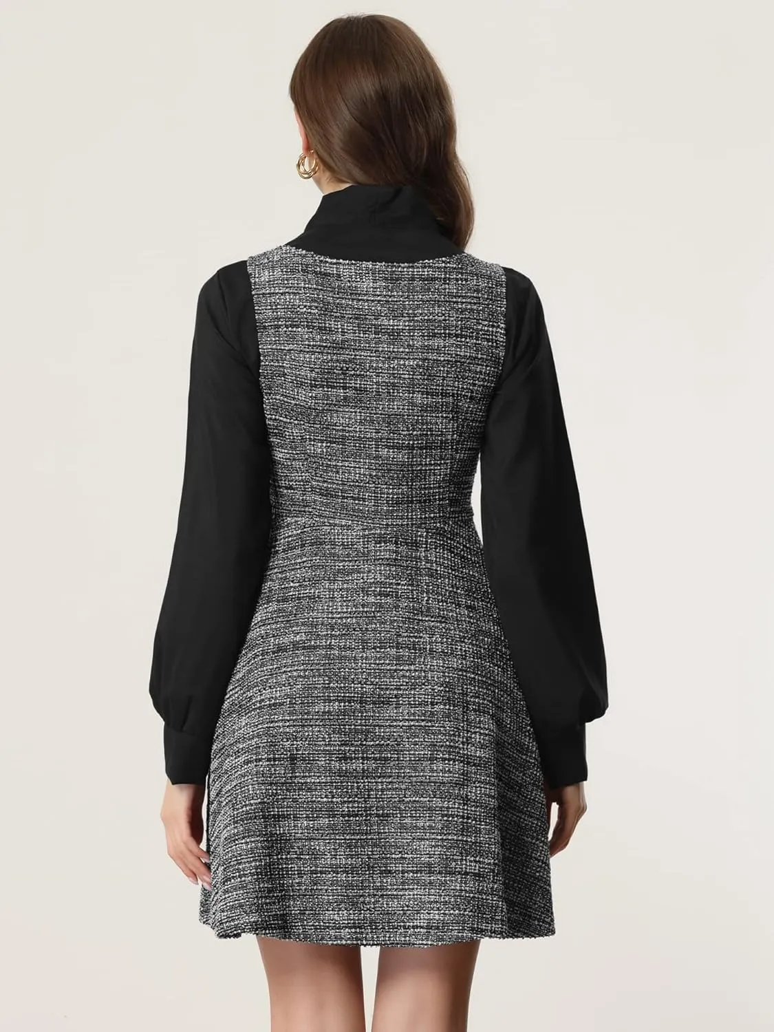 Allegra K Tweed Dress for Women's Sleeveless Plaid A-Line Pinafore Overall Dress