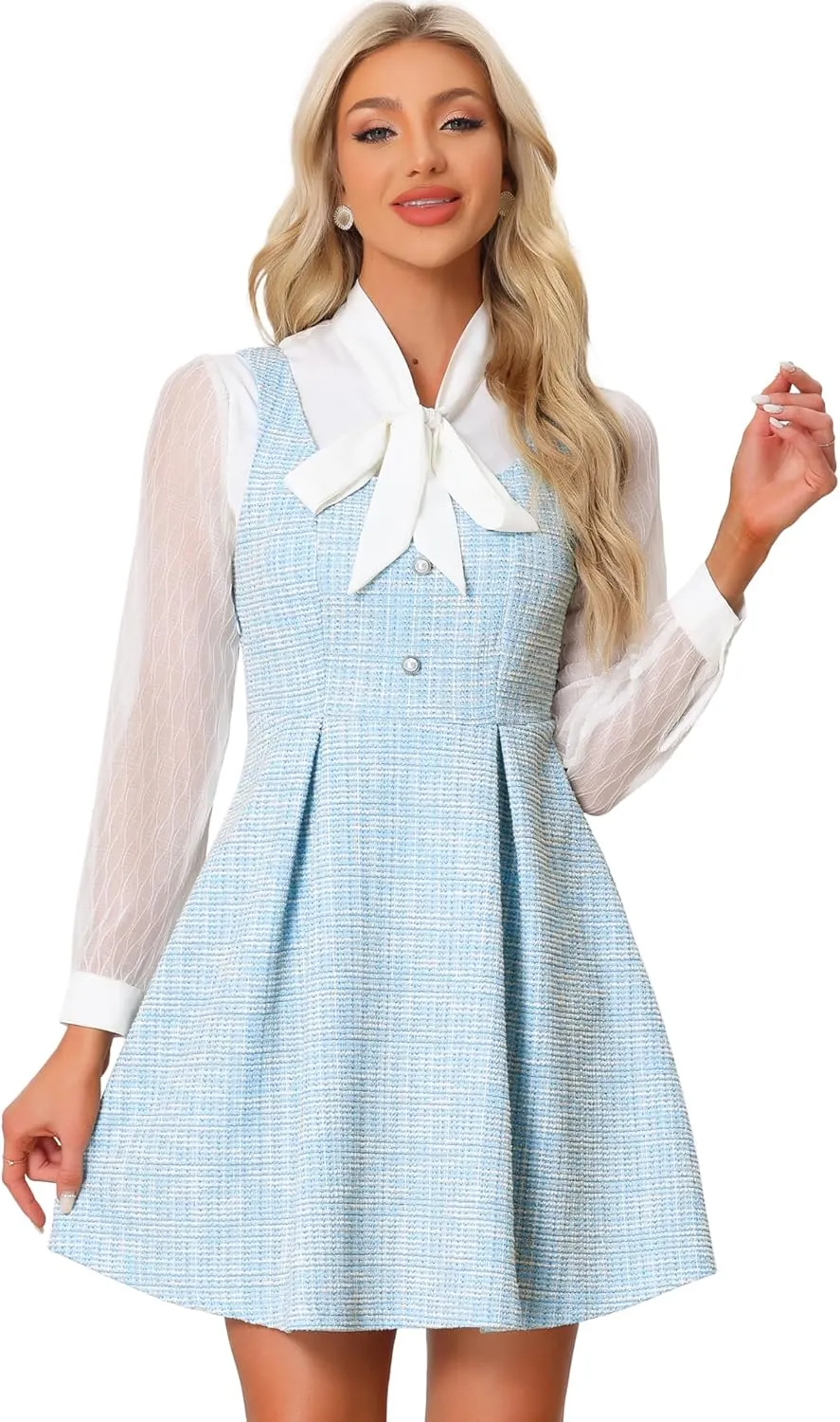 Allegra K Tweed Dress for Women's Sleeveless Plaid A-Line Pinafore Overall Dress