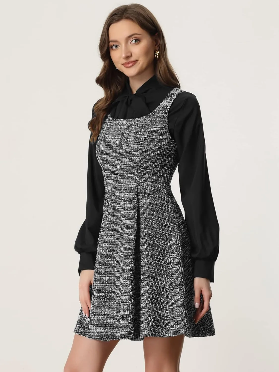Allegra K Tweed Dress for Women's Sleeveless Plaid A-Line Pinafore Overall Dress