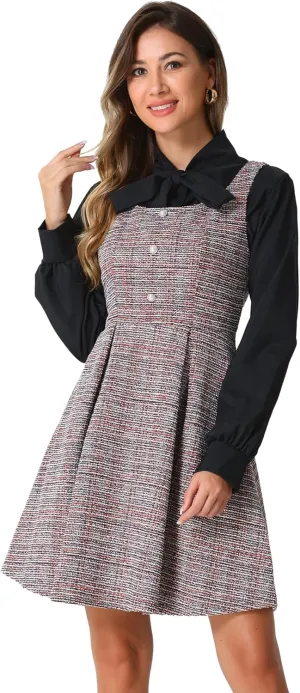 Allegra K Tweed Dress for Women's Sleeveless Plaid A-Line Pinafore Overall Dress