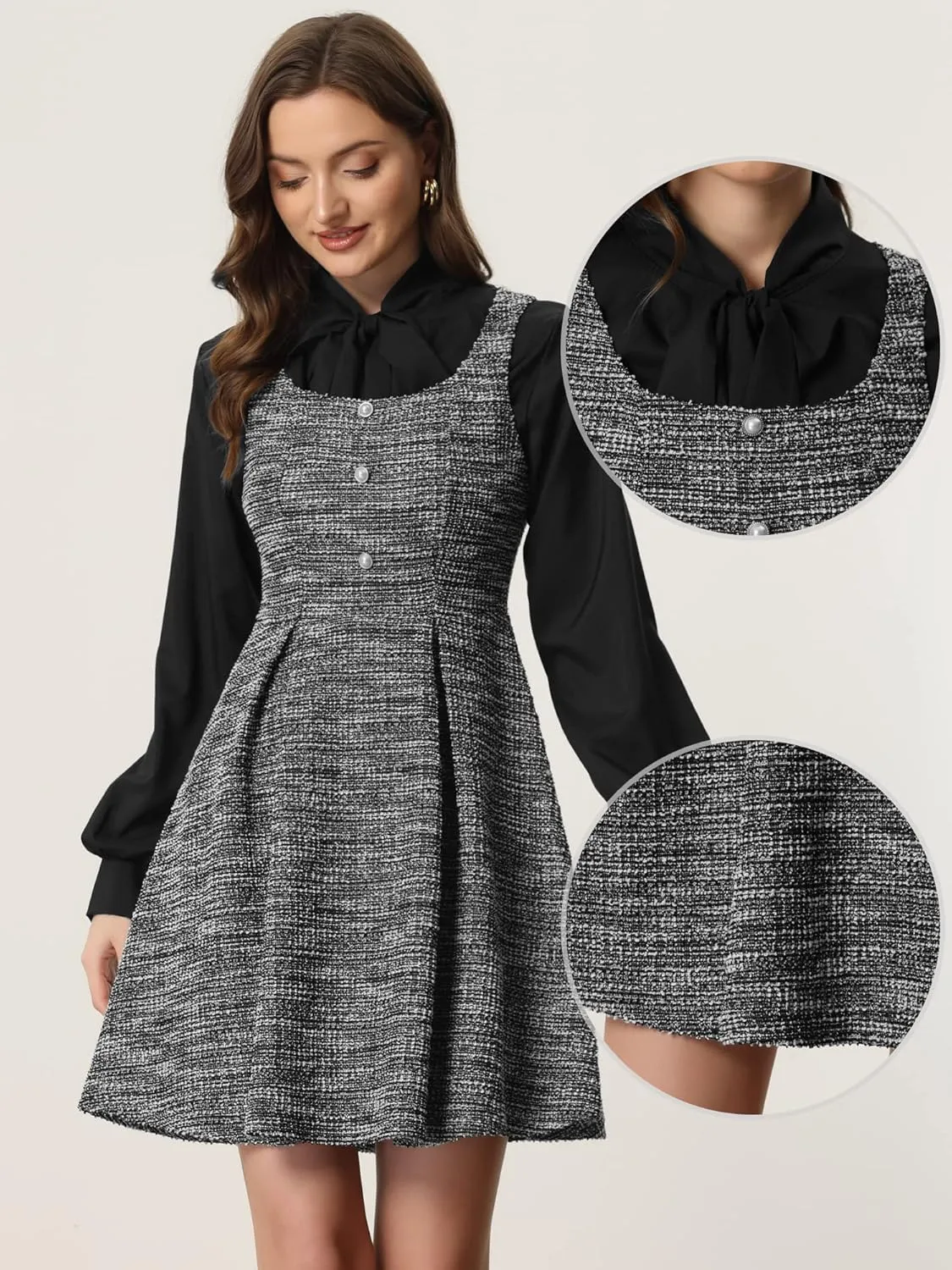 Allegra K Tweed Dress for Women's Sleeveless Plaid A-Line Pinafore Overall Dress