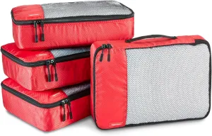 Amazon Basics Medium Packing Cubes for Travel, Packing Organizers, 4-Piece-Set With Double Zipper Pulls and Mesh Top Panel, 100% Durable Polyester, Red, 13.8"L x 9.8"W x 3"H