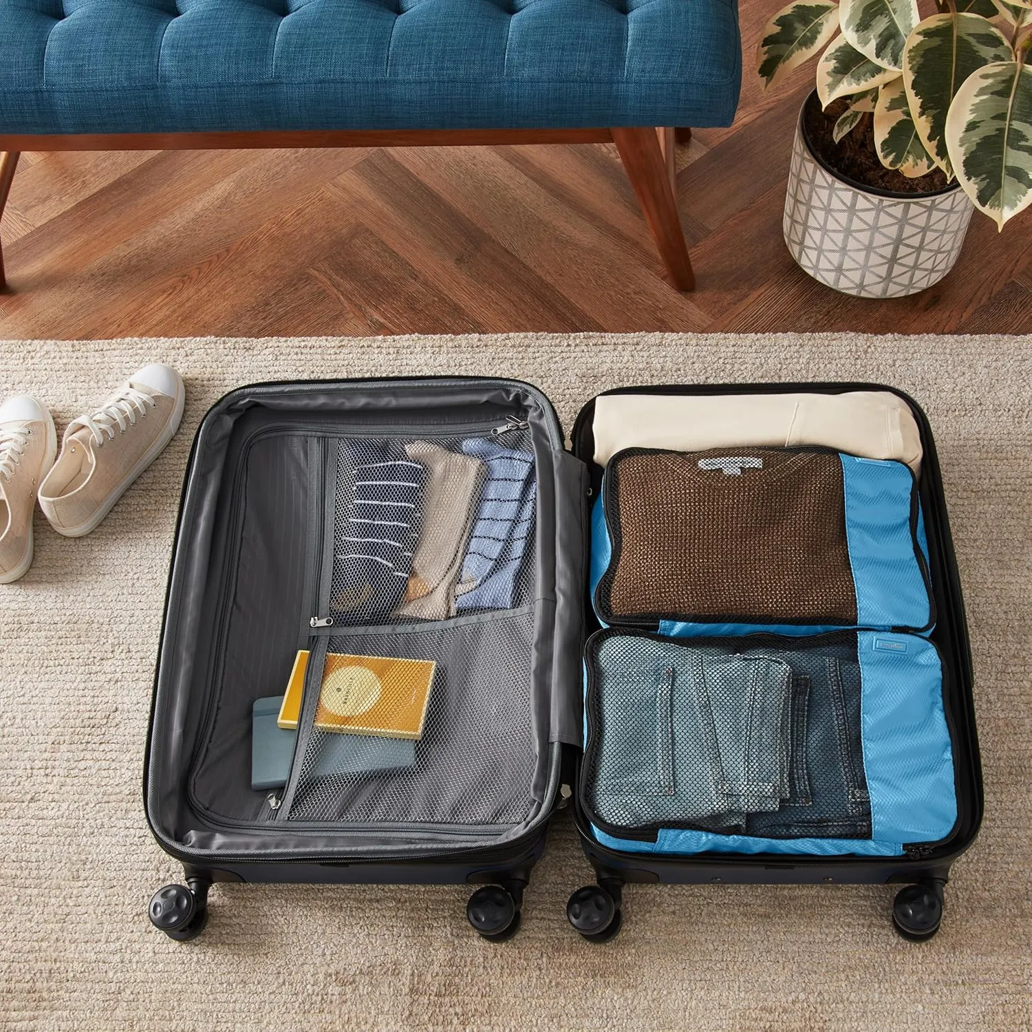 Amazon Basics Medium Packing Cubes for Travel, Packing Organizers, 4-Piece-Set With Double Zipper Pulls and Mesh Top Panel, 100% Durable Polyester, Sky Blue, 13.8"L x 9.8"W x 3"H