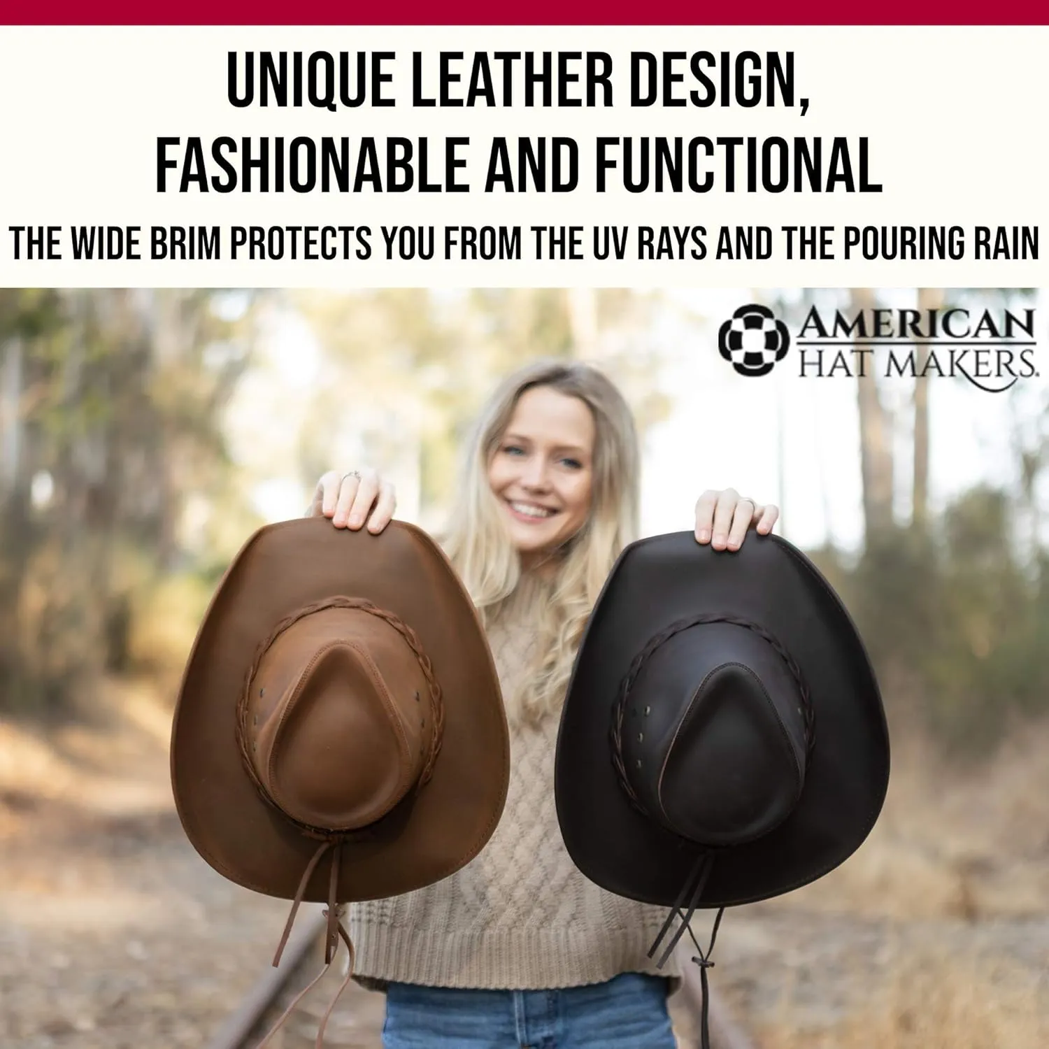American Hat Makers Hollywood Leather Cowboy Hat — Handcrafted 100% Fine Leather Hat Breathable, System, Brown