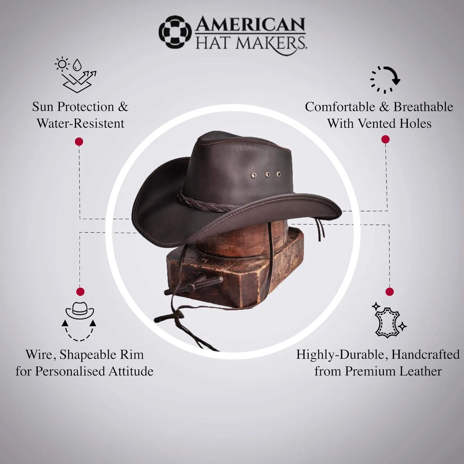 American Hat Makers Hollywood Leather Cowboy Hat — Handcrafted 100% Fine Leather Hat Breathable, System, Brown