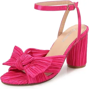 Amoji Women's Satin Block Heeled 3 Inch-4 Inch Sandal Bowknot Pleated Ankle Strap for Wedding Party Dress Shoes 302