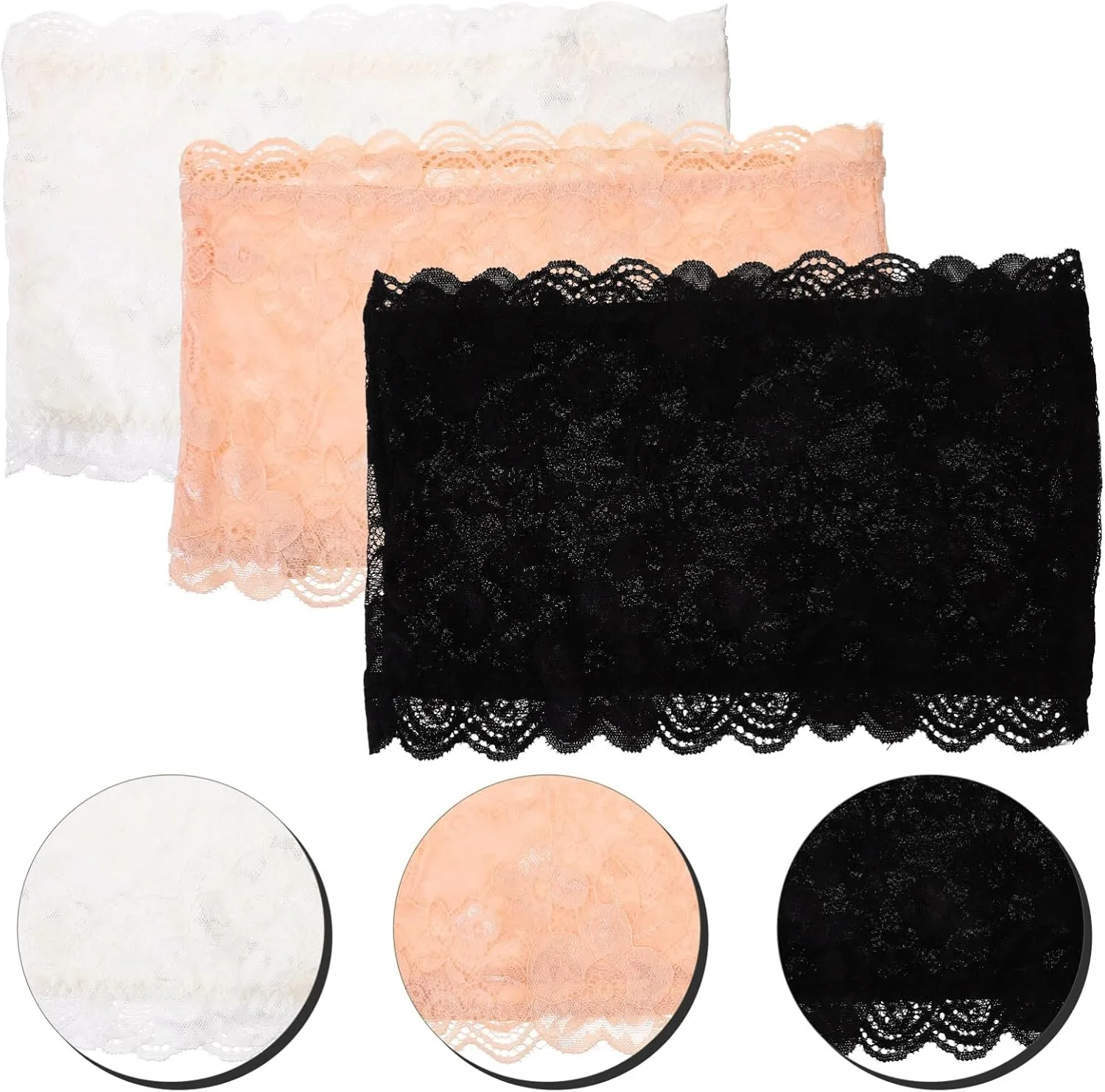 Amosfun 3Pcs Strapless Bras Floral Lace Stretchy Bandeau Bra Strapless Bandeau, Non-Padded Seamless Bandeau Wrap for Women Girls Bust: 92-102 CM, Suggested for Cup 36/80C