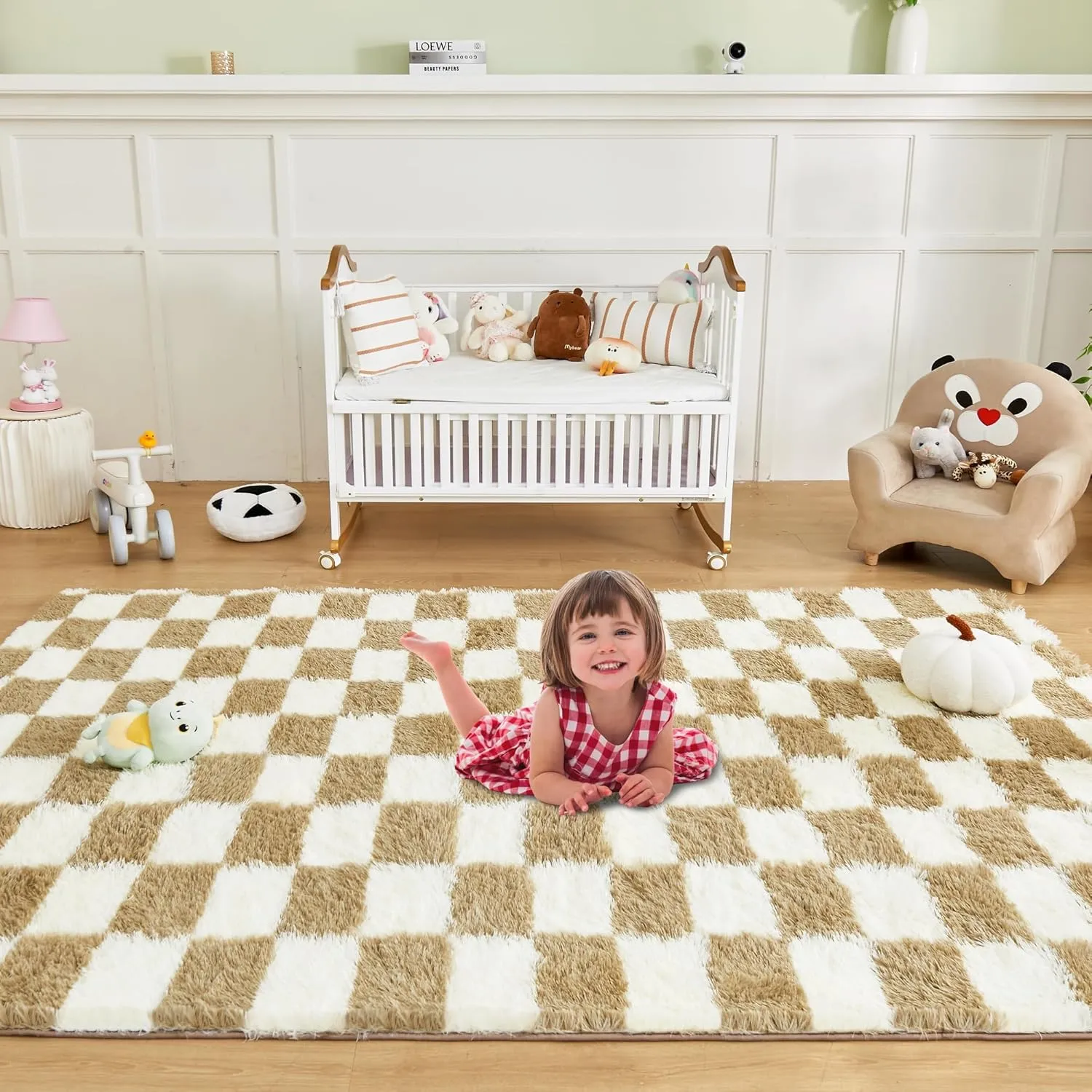 Andency 5x7 Ft Beige and White Area Rug for Living Room Classic Checkered Shaggy Rug Non-Slip High Pile Soft Fluffy Rug Fuzzy Carpet Bedroom Kids Toddler Room Nursery Playroom, Cute Dorm Home Decor
