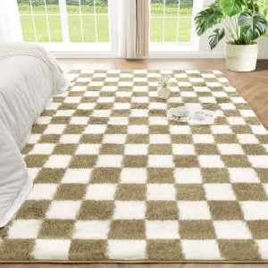 Andency 5x7 Ft Beige and White Area Rug for Living Room Classic Checkered Shaggy Rug Non-Slip High Pile Soft Fluffy Rug Fuzzy Carpet Bedroom Kids Toddler Room Nursery Playroom, Cute Dorm Home Decor