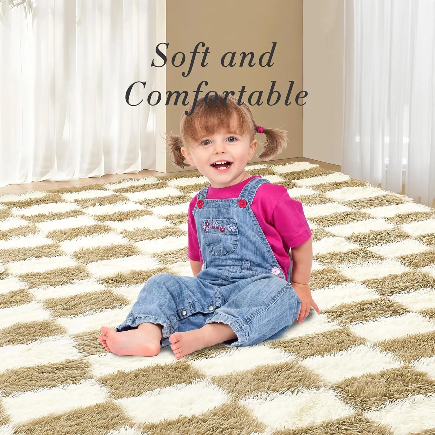 Andency 5x7 Ft Beige and White Area Rug for Living Room Classic Checkered Shaggy Rug Non-Slip High Pile Soft Fluffy Rug Fuzzy Carpet Bedroom Kids Toddler Room Nursery Playroom, Cute Dorm Home Decor