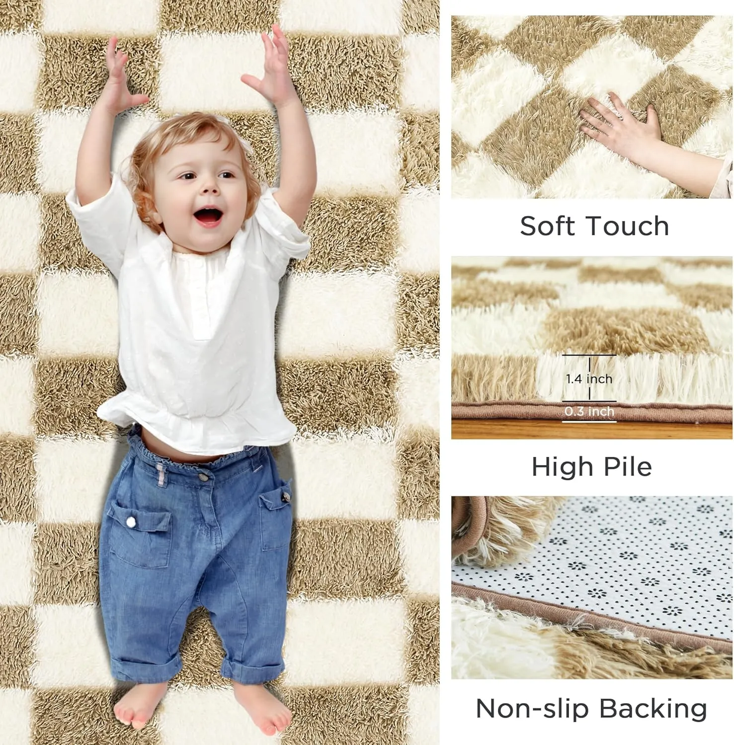 Andency 5x7 Ft Beige and White Area Rug for Living Room Classic Checkered Shaggy Rug Non-Slip High Pile Soft Fluffy Rug Fuzzy Carpet Bedroom Kids Toddler Room Nursery Playroom, Cute Dorm Home Decor