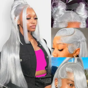 ANDRIA 13X4 HD Lace Front Wigs Straight Hair Glueless Lace Wigs Synthetic Long Silk Straight Natural Wig 200% Density Grey Wig Pre Plucked Lace Frontal Wigs With Baby Hair For Black Women 26 Inches