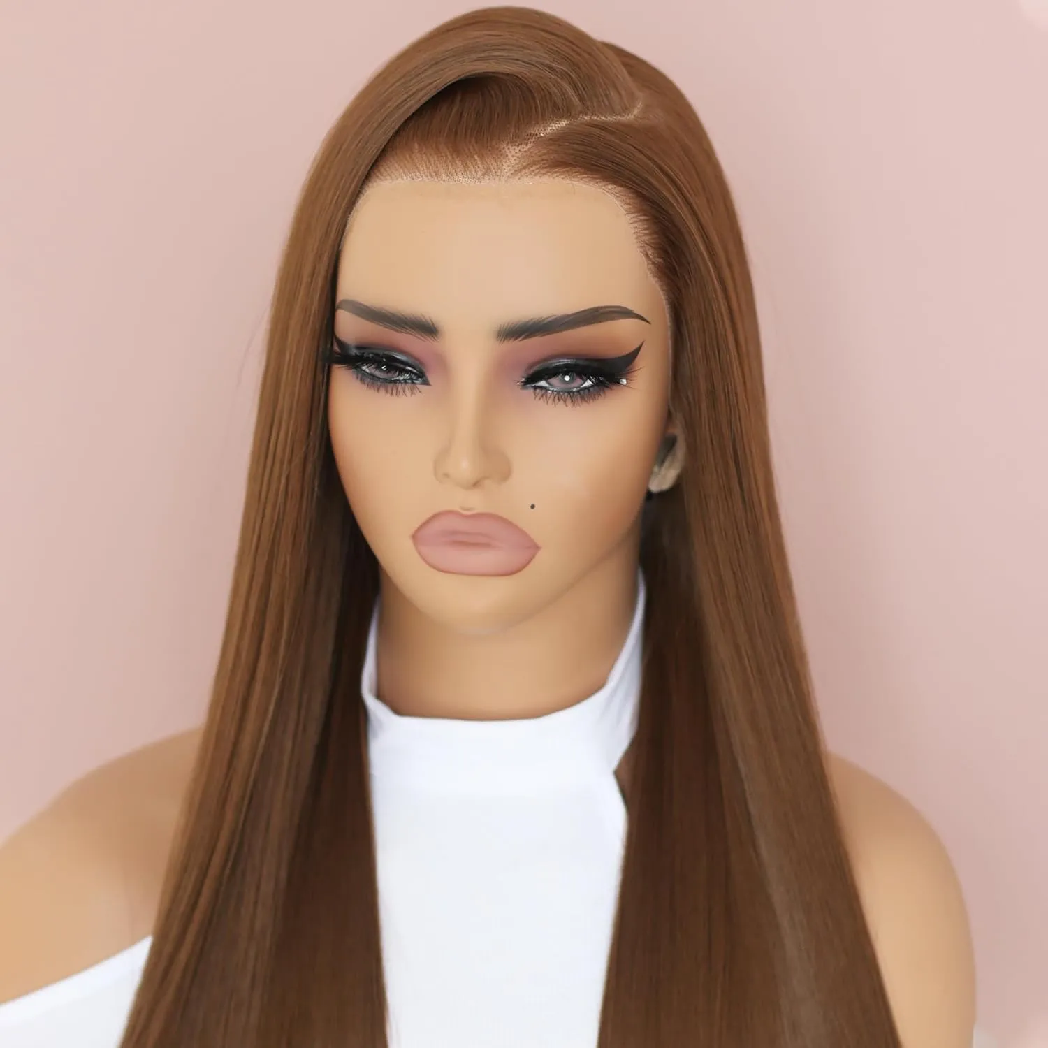 ANDRIA 28 Inches Chocolate Brown 13x6 HD Lace Front Wigs Brown Straight Pre-plucked Glueless Lace Frontal Wig Synthetic Heat Resistant Hair Wig With Baby Hair Natural Hairline Lace Wigs for Women