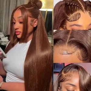 ANDRIA 28 Inches Chocolate Brown 13x6 HD Lace Front Wigs Brown Straight Pre-plucked Glueless Lace Frontal Wig Synthetic Heat Resistant Hair Wig With Baby Hair Natural Hairline Lace Wigs for Women
