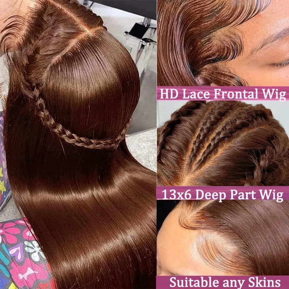 ANDRIA 28 Inches Chocolate Brown 13x6 HD Lace Front Wigs Brown Straight Pre-plucked Glueless Lace Frontal Wig Synthetic Heat Resistant Hair Wig With Baby Hair Natural Hairline Lace Wigs for Women