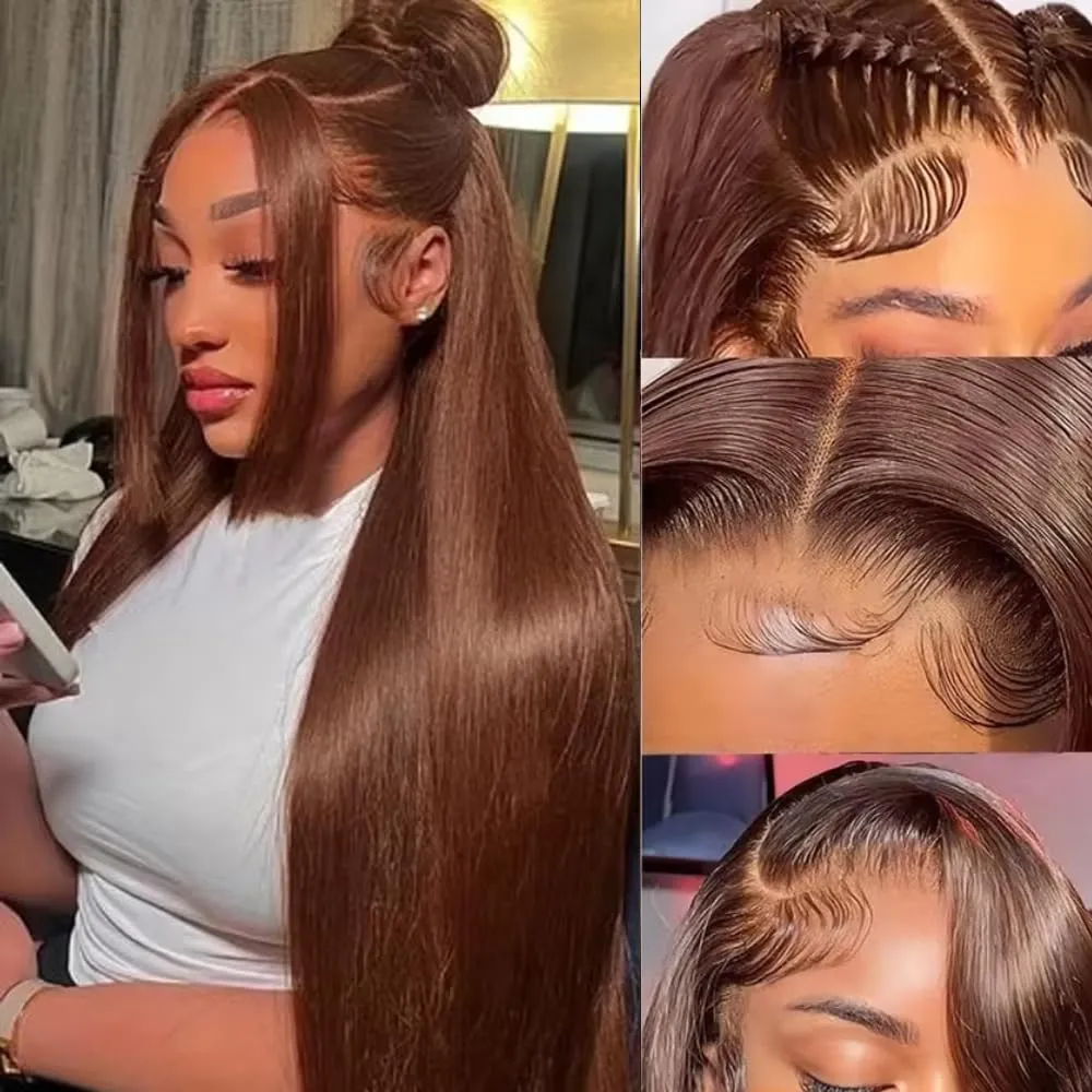 ANDRIA 28 Inches Chocolate Brown 13x6 HD Lace Front Wigs Brown Straight Pre-plucked Glueless Lace Frontal Wig Synthetic Heat Resistant Hair Wig With Baby Hair Natural Hairline Lace Wigs for Women