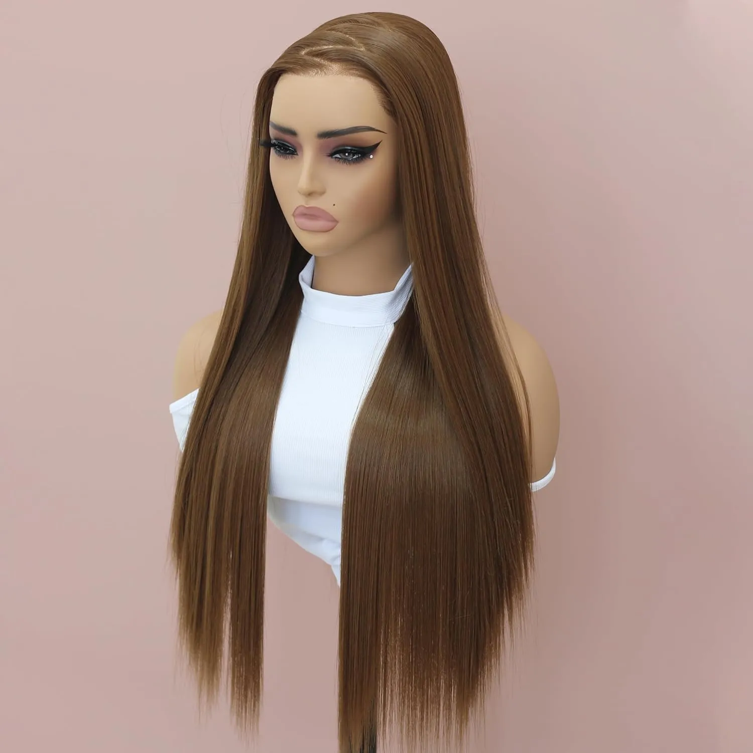 ANDRIA 28 Inches Chocolate Brown 13x6 HD Lace Front Wigs Brown Straight Pre-plucked Glueless Lace Frontal Wig Synthetic Heat Resistant Hair Wig With Baby Hair Natural Hairline Lace Wigs for Women