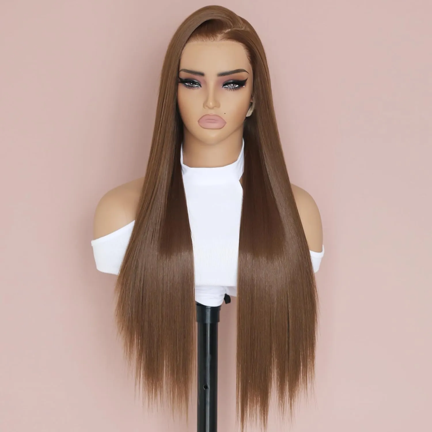 ANDRIA 28 Inches Chocolate Brown 13x6 HD Lace Front Wigs Brown Straight Pre-plucked Glueless Lace Frontal Wig Synthetic Heat Resistant Hair Wig With Baby Hair Natural Hairline Lace Wigs for Women
