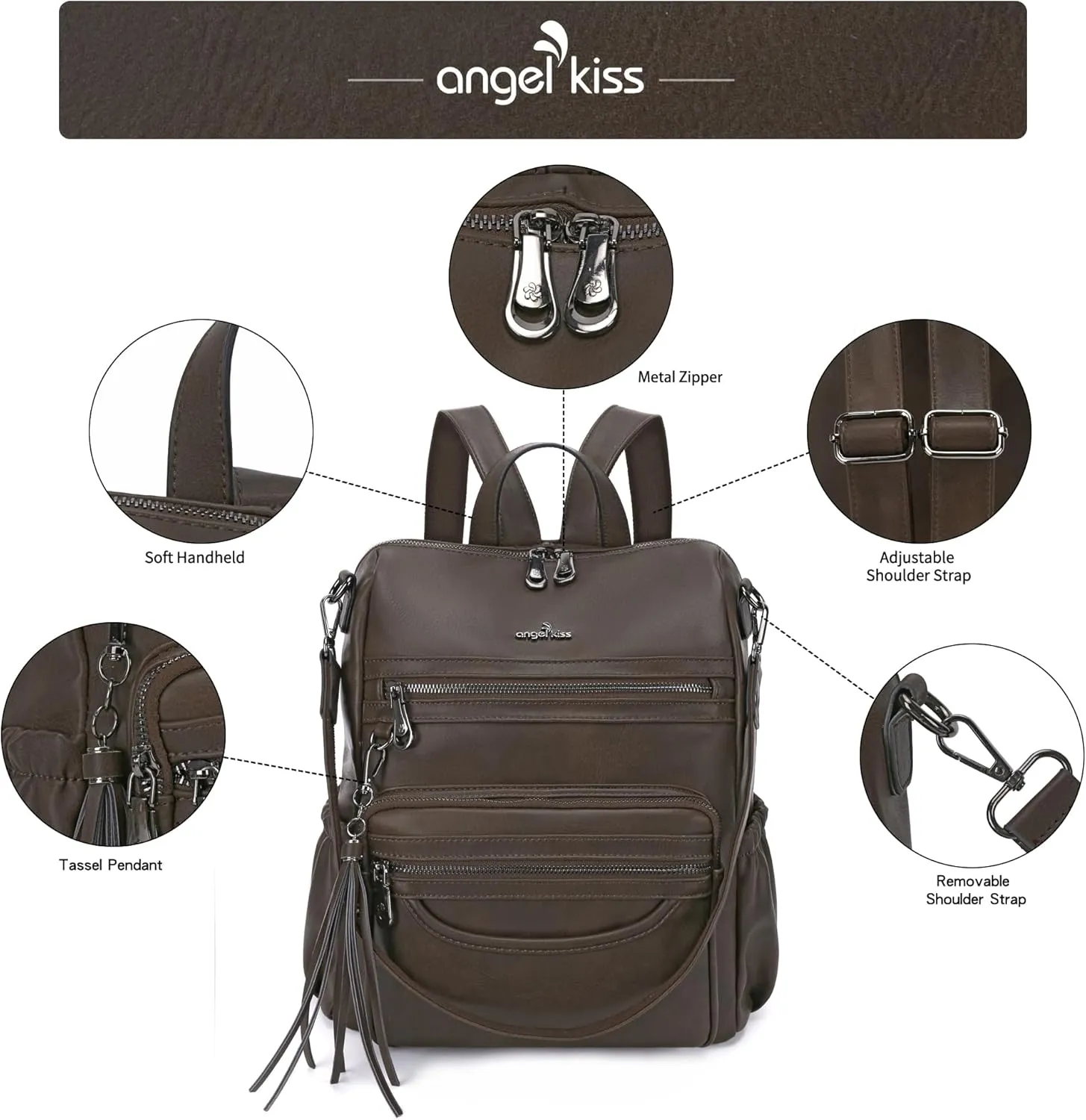 Angel Kiss Women's Backpacks & Purse - PU Leather Zipper Casual Backpacks & Shoulder Bags
