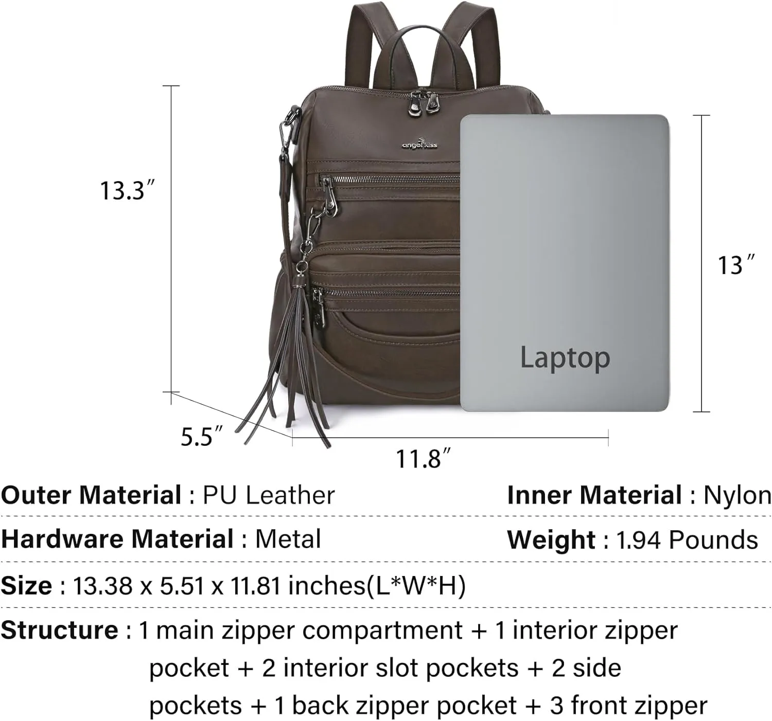 Angel Kiss Women's Backpacks & Purse - PU Leather Zipper Casual Backpacks & Shoulder Bags