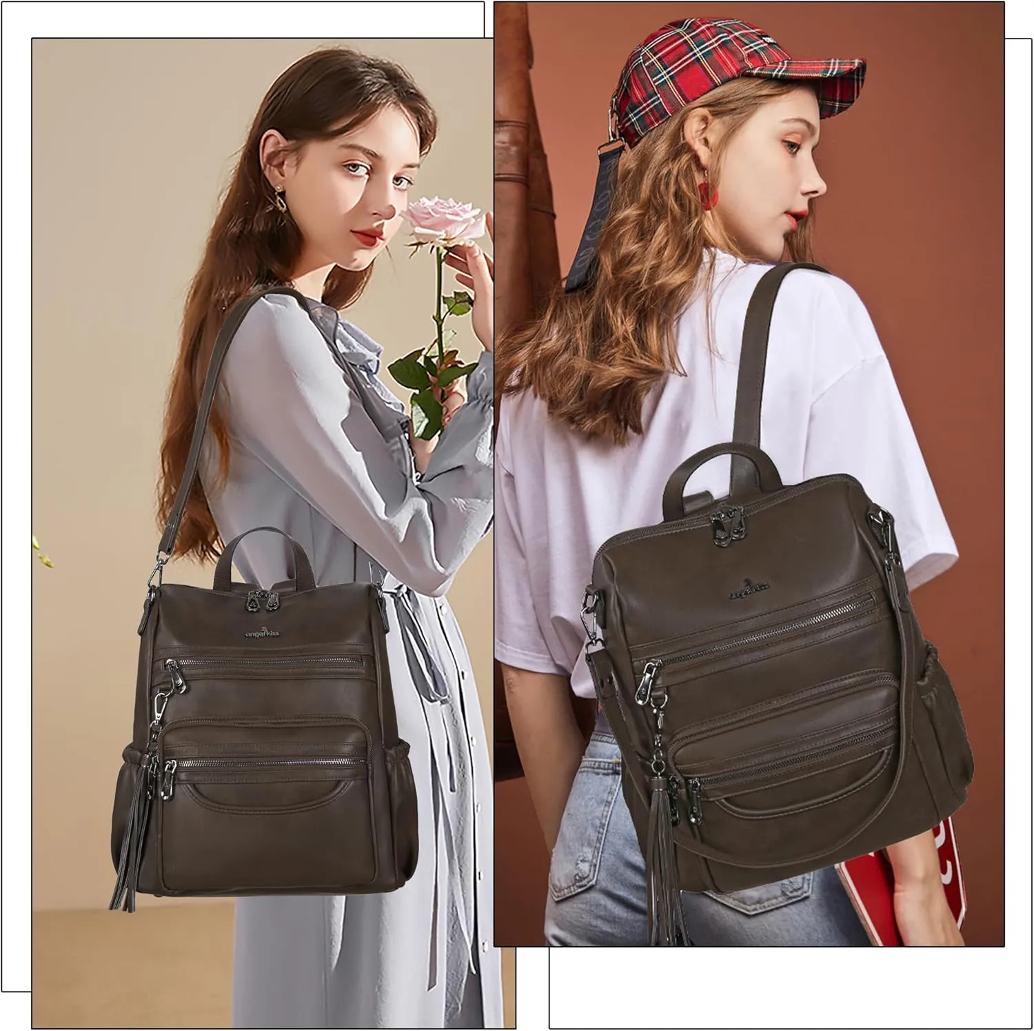 Angel Kiss Women's Backpacks & Purse - PU Leather Zipper Casual Backpacks & Shoulder Bags
