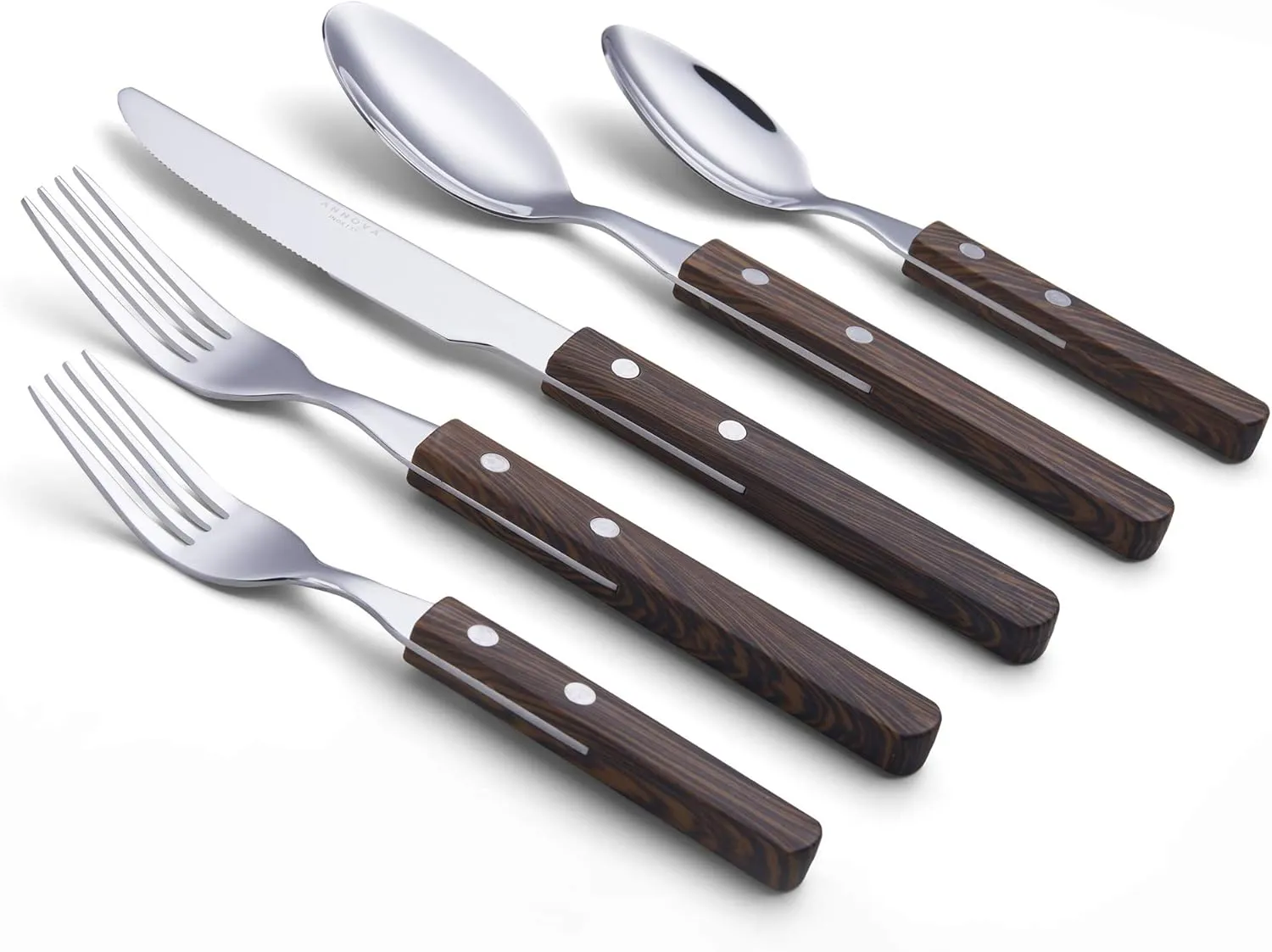 ANNOVA Silverware Set Stainless Steel Cutlery Color Handle With Rivet/Retro Flatware (Walnut/Wood 303, 20 Pieces)