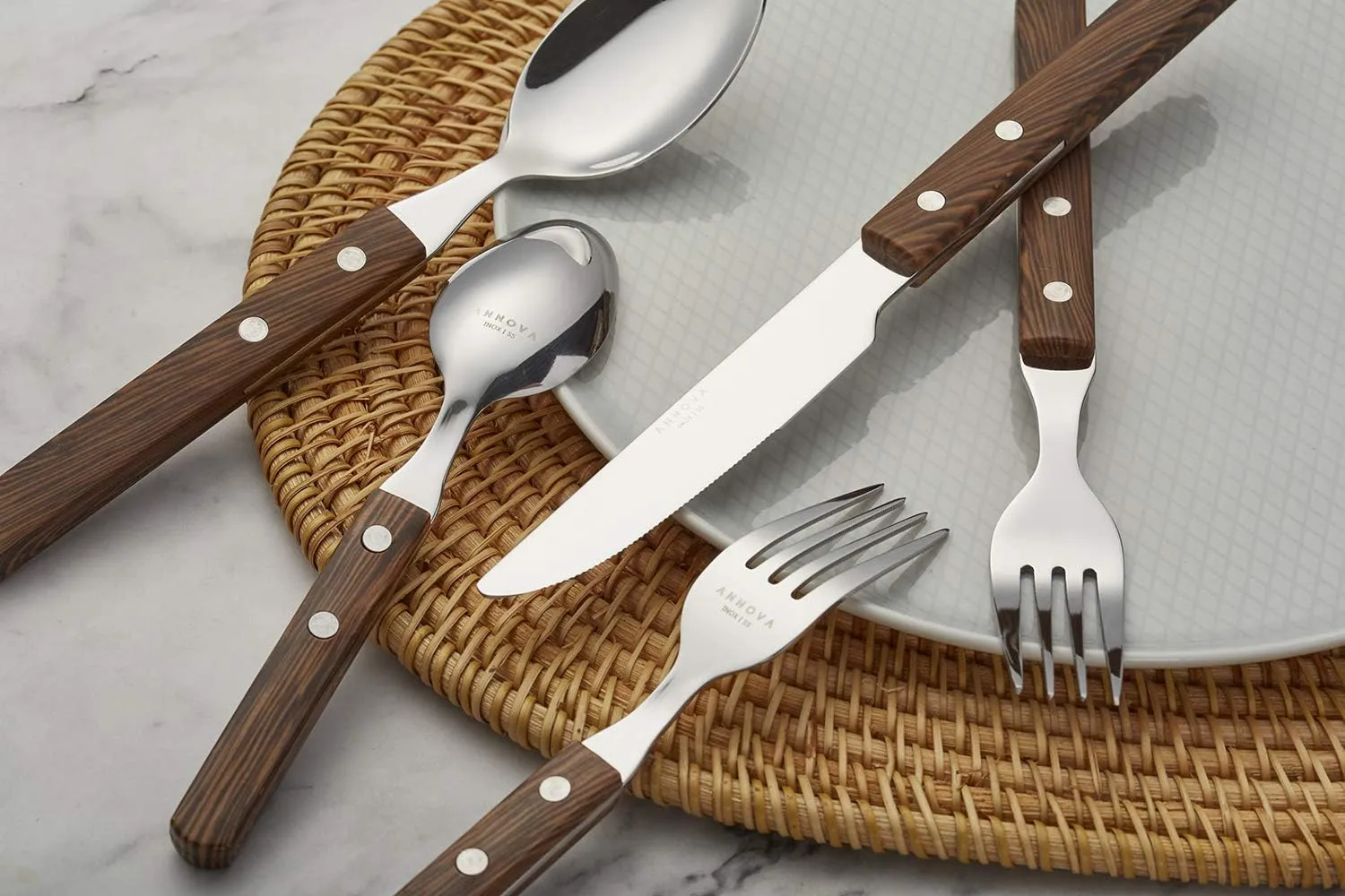ANNOVA Silverware Set Stainless Steel Cutlery Color Handle With Rivet/Retro Flatware (Walnut/Wood 303, 20 Pieces)