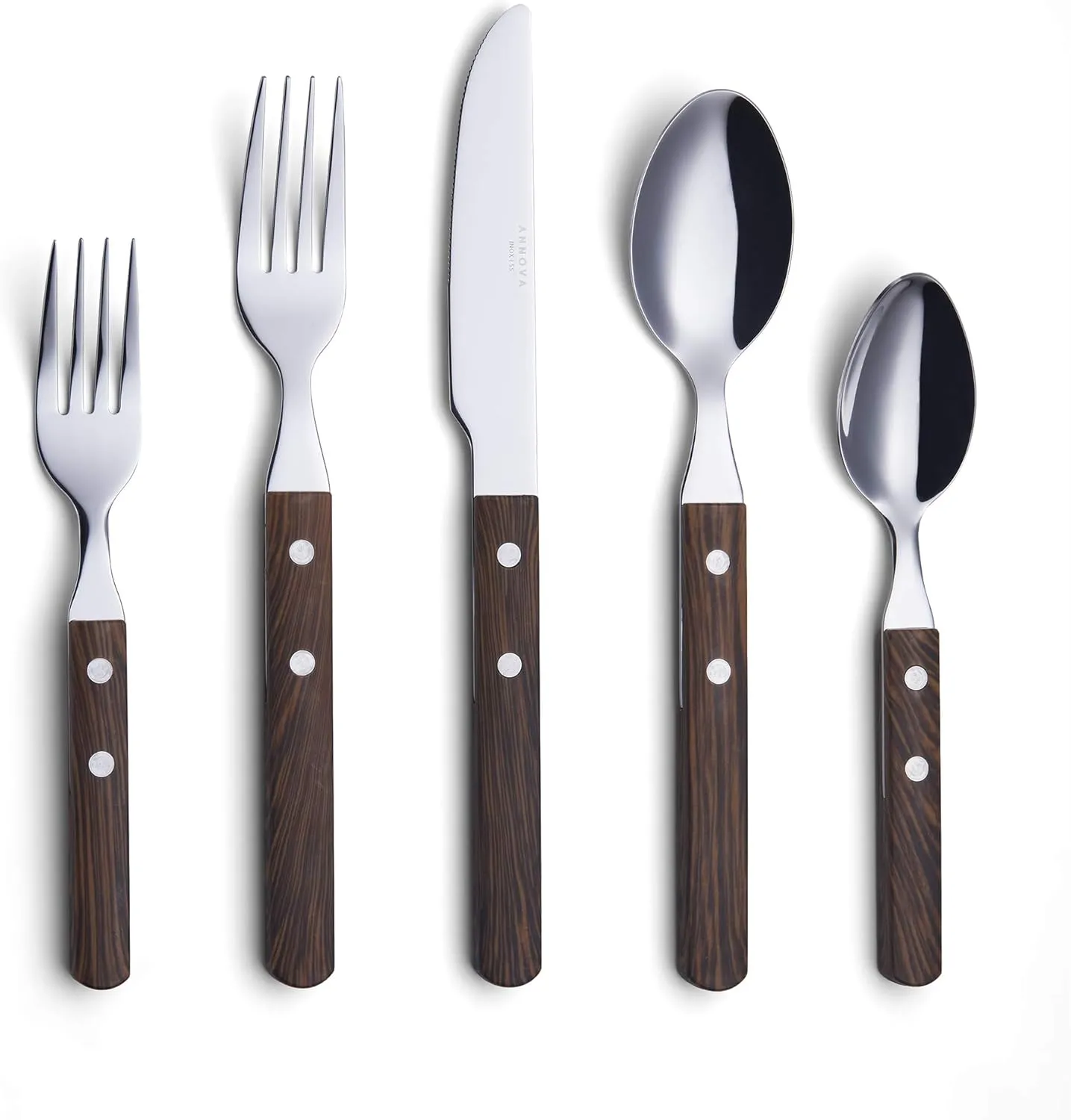 ANNOVA Silverware Set Stainless Steel Cutlery Color Handle With Rivet/Retro Flatware (Walnut/Wood 303, 20 Pieces)