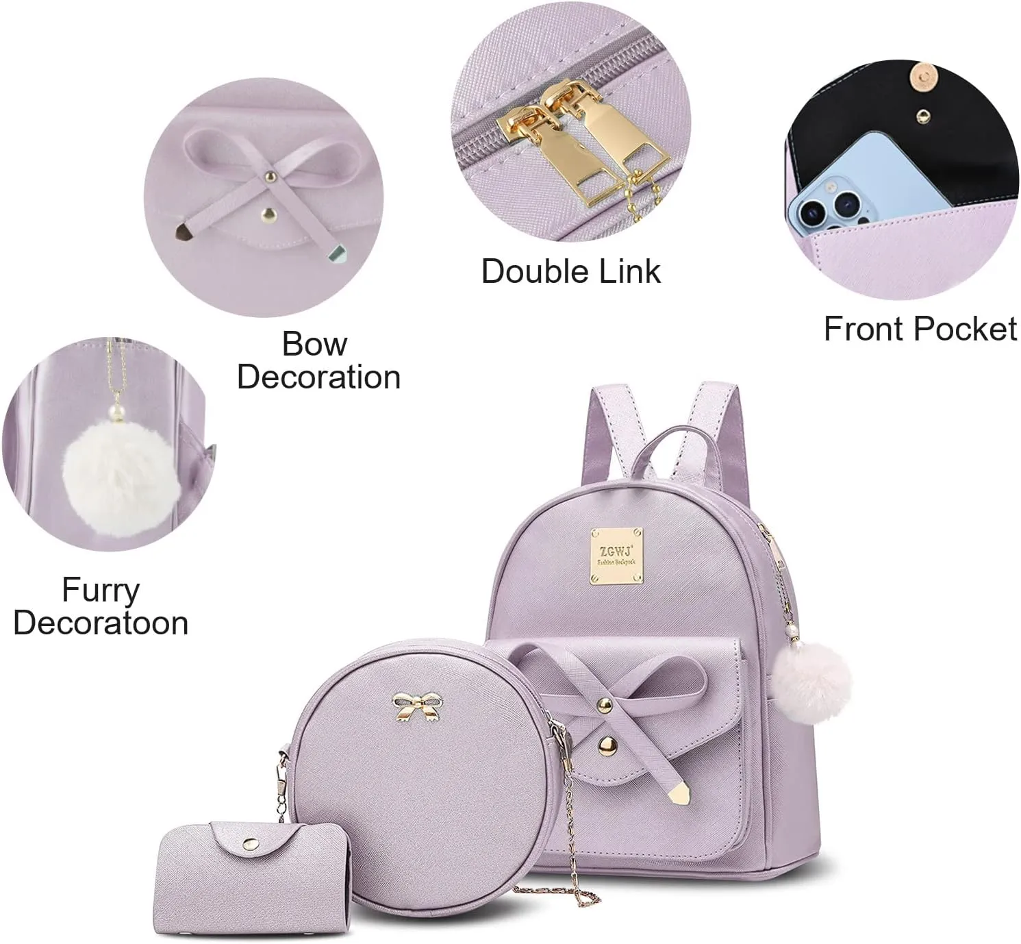 Aogist Mini Leather Backpack Purse 3-Pieces Fashion Bowknot Zipper Bags Cute Casual Travel Daypacks for and Women