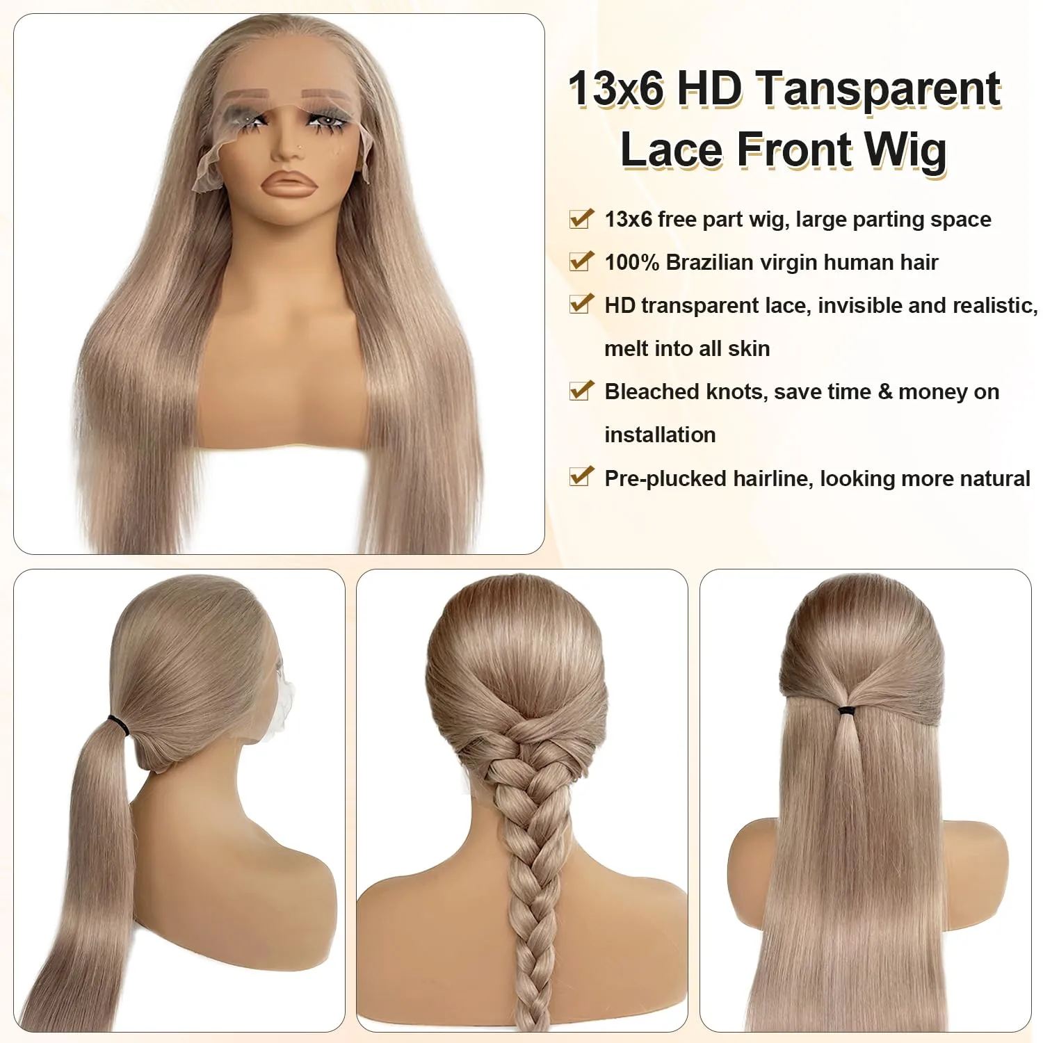 Ash Blonde Wig Human Hair 32 Inch 13x6 Transparent Lace Front Wigs Human Hair 180% Density Brown Blonde Straight Lace Front Wigs for Black Women Pre Plucked Long Invisible Lace Frontal Wigs Human Hair