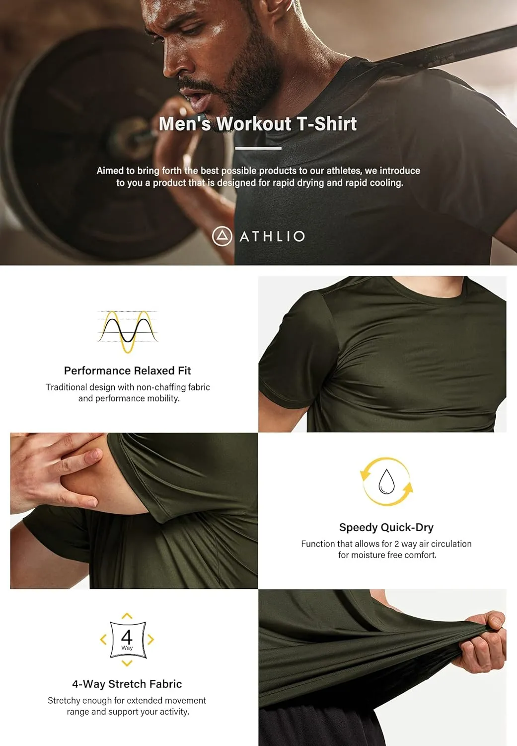 ATHLIO Men's Workout Running Shirts, Sun Protection Quick Dry Athletic Shirts, Short Sleeve Gym T-Shirts