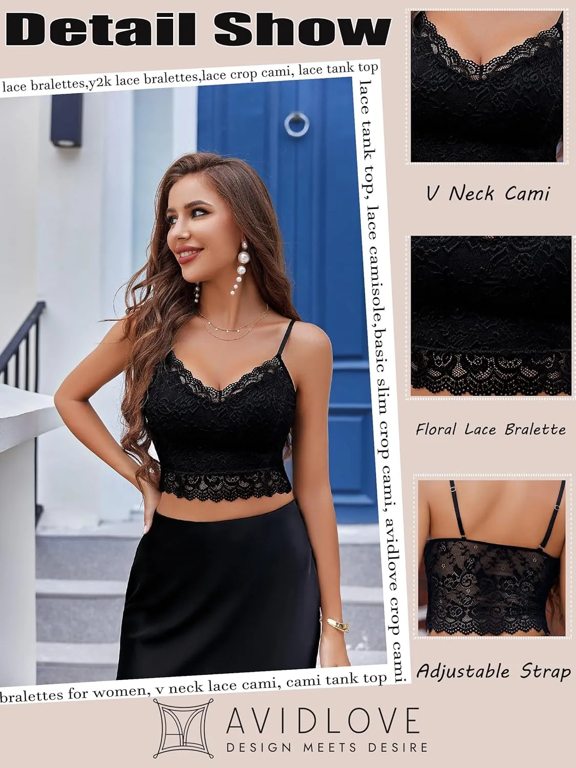 Avidlove Lace Bralette for Women Spaghetti Strap Tank Top V Neck Slim Basic Camisoles,Pack of 2