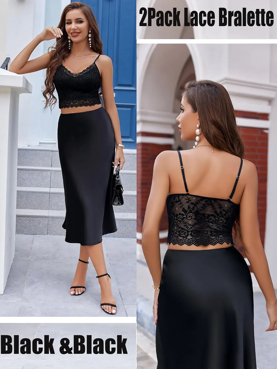 Avidlove Lace Bralette for Women Spaghetti Strap Tank Top V Neck Slim Basic Camisoles,Pack of 2