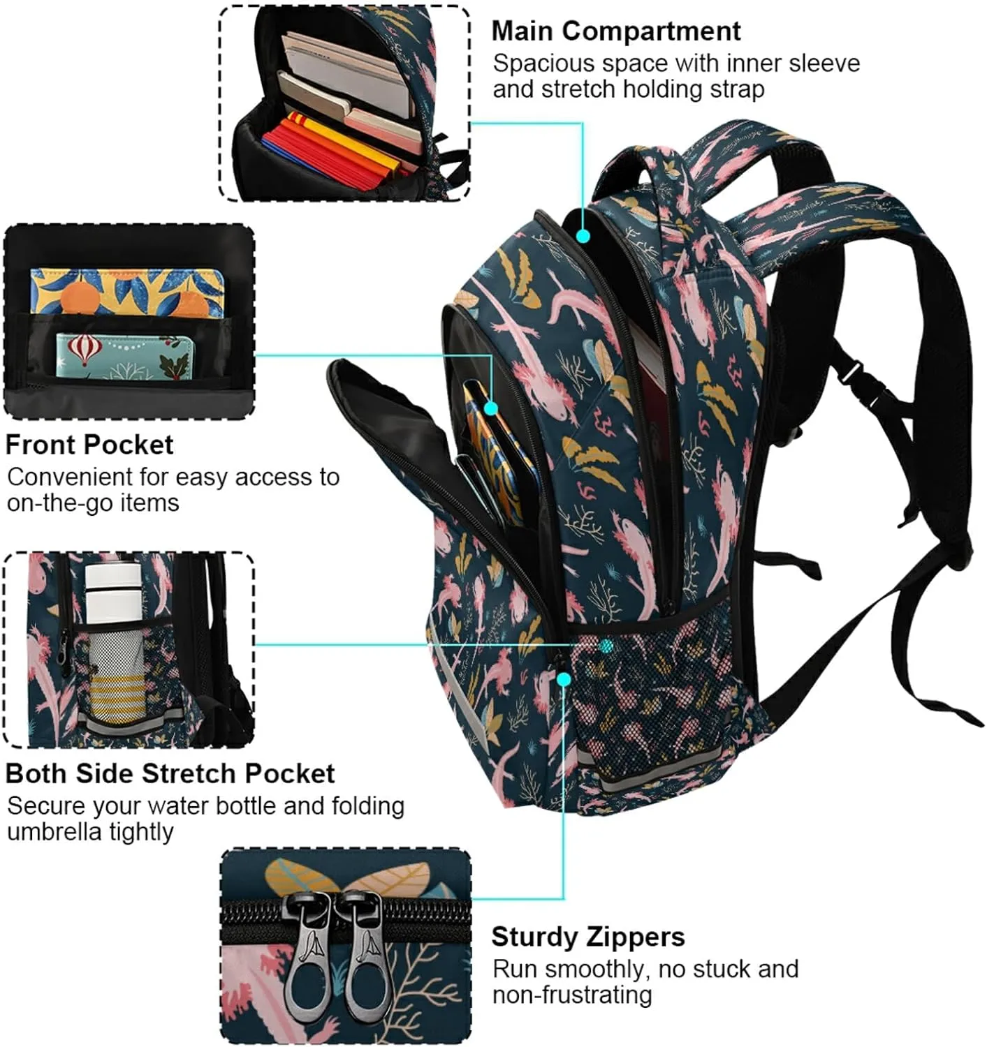 Axolotl Backpack for Girls Kids Boys School Bookbags,Student Laptop Backpack Carrying Bag Casual Lightweight Travel Sports Day Packs