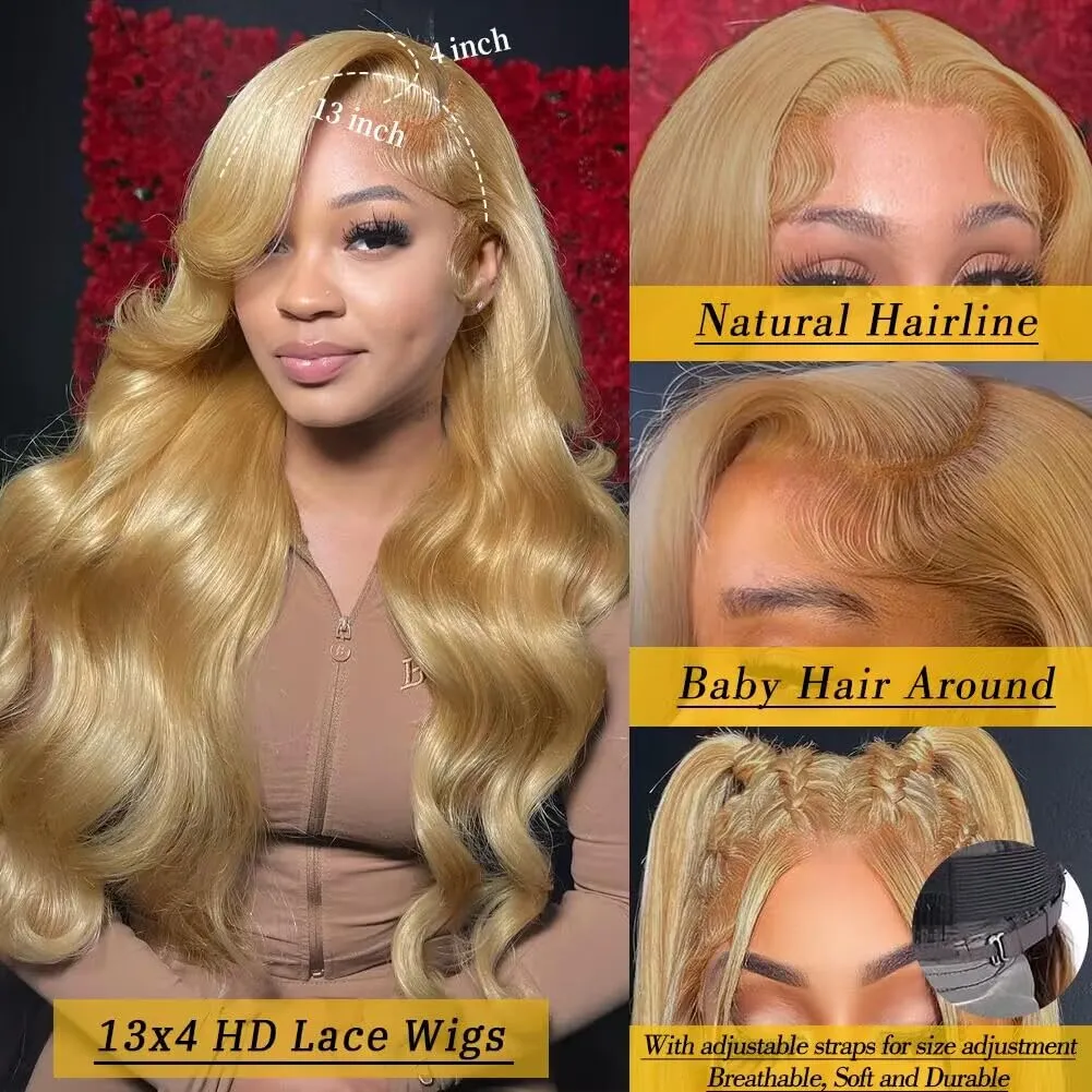 Azkiu Honey Blonde Lace Front Wigs Human Hair 13x4 Body Wave 27# HD Transparent Wig Pre Plucked with Baby 150% Density Brazilian Virgin Frontal Wigs 30 Inch