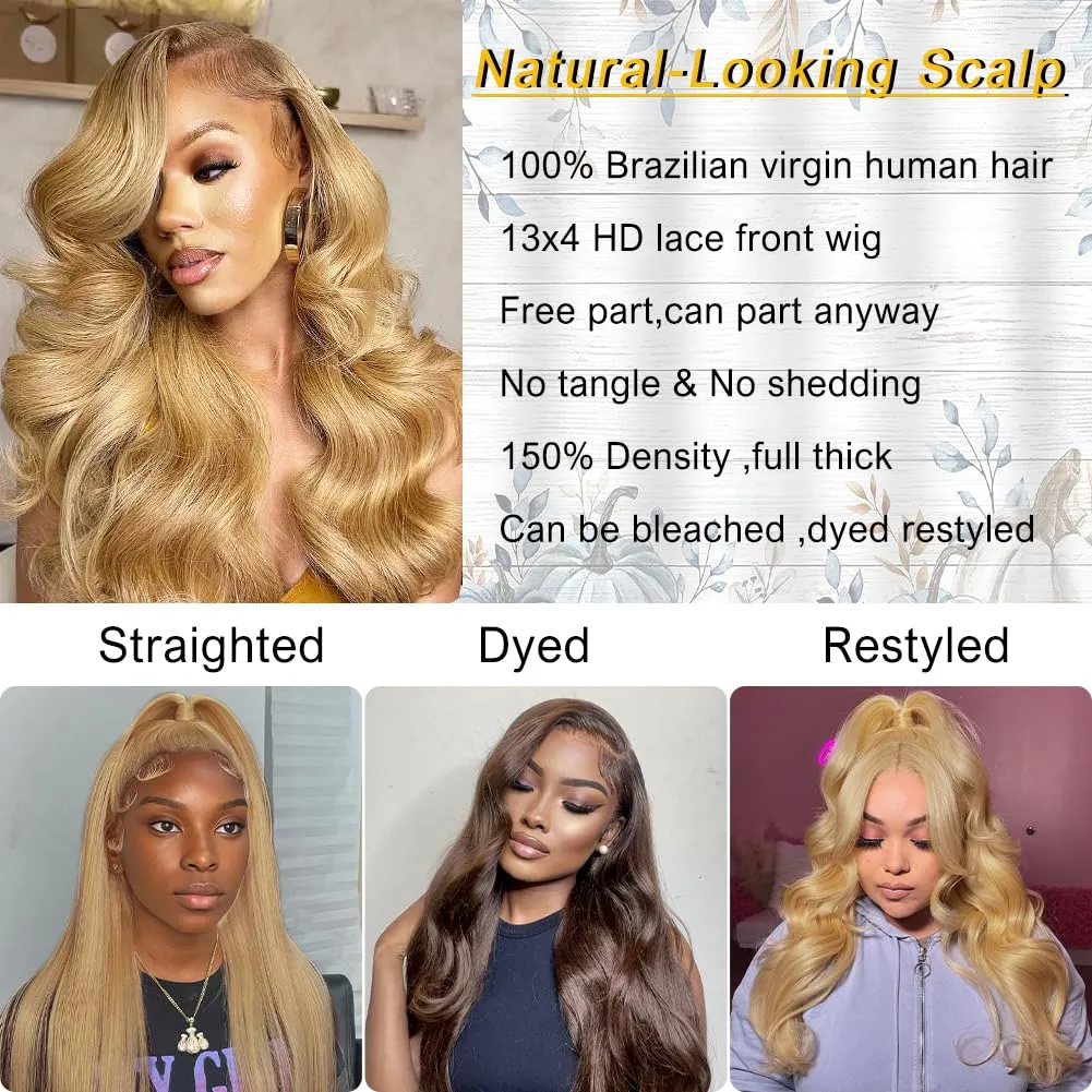 Azkiu Honey Blonde Lace Front Wigs Human Hair 13x4 Body Wave 27# HD Transparent Wig Pre Plucked with Baby 150% Density Brazilian Virgin Frontal Wigs 30 Inch