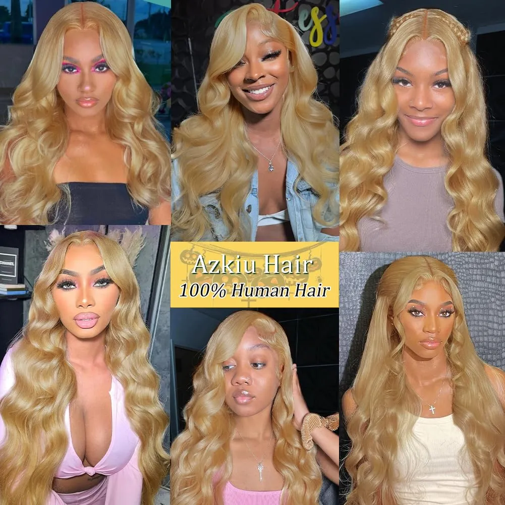 Azkiu Honey Blonde Lace Front Wigs Human Hair 13x4 Body Wave 27# HD Transparent Wig Pre Plucked with Baby 150% Density Brazilian Virgin Frontal Wigs 30 Inch