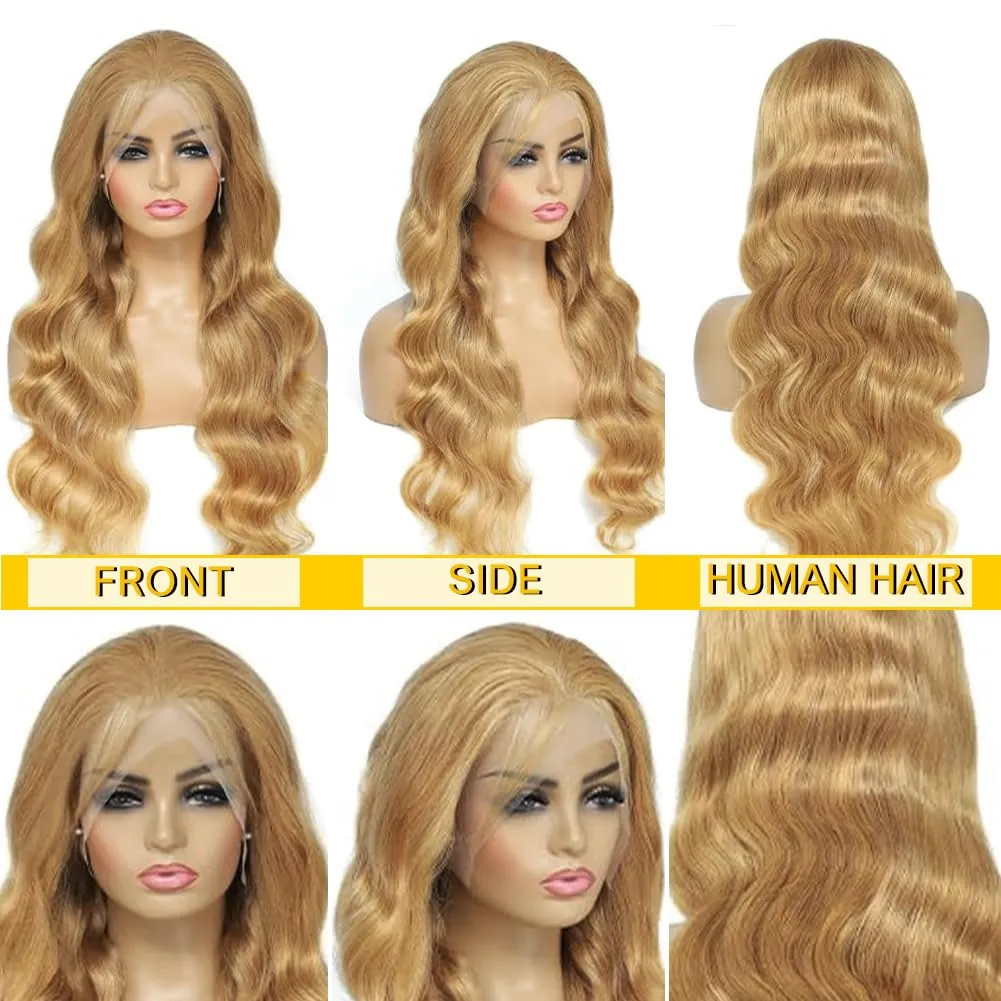 Azkiu Honey Blonde Lace Front Wigs Human Hair 13x4 Body Wave 27# HD Transparent Wig Pre Plucked with Baby 150% Density Brazilian Virgin Frontal Wigs 30 Inch