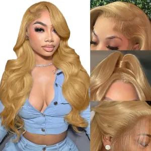 Azkiu Honey Blonde Lace Front Wigs Human Hair 13x4 Body Wave 27# HD Transparent Wig Pre Plucked with Baby 150% Density Brazilian Virgin Frontal Wigs 30 Inch
